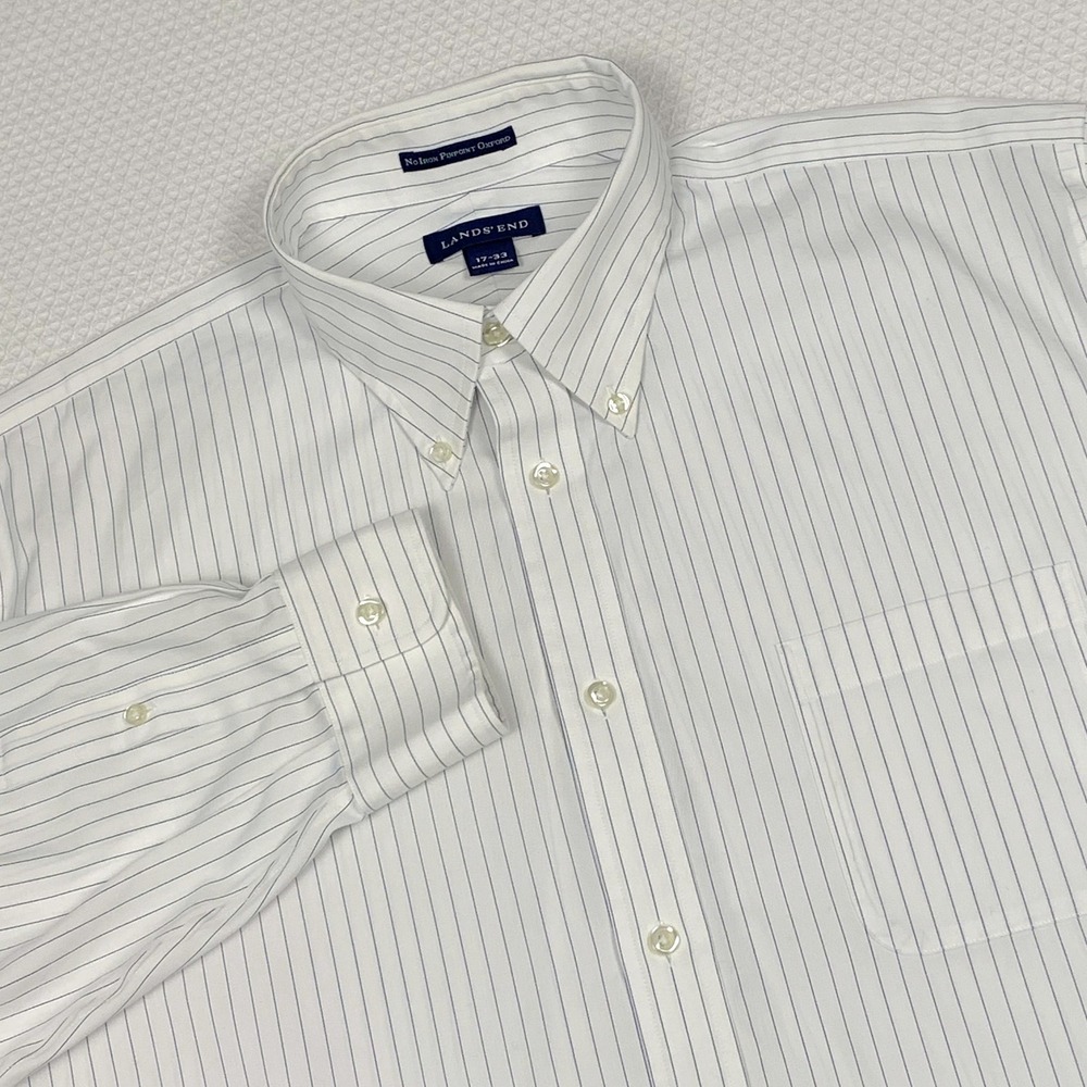 Lands End Mens No Iron Pinpoint Oxford Dress Shirt Blue White Striped 17-33 LS